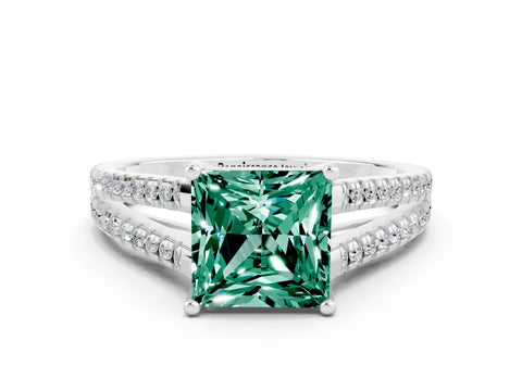 White gold Princess Cut Green Sapphire Solitaire Engagement Ring with Split Shank Pavé Band