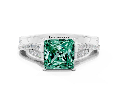 White gold Princess Cut Green Sapphire Solitaire Engagement Ring with Twisted Pavé Band and Four-Prong Setting_12