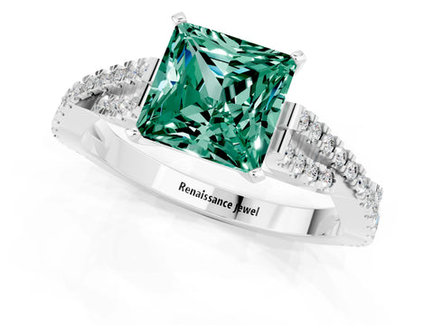 White gold Princess Cut Green Sapphire Solitaire Engagement Ring with Twisted Pavé Band and Four-Prong Setting_13