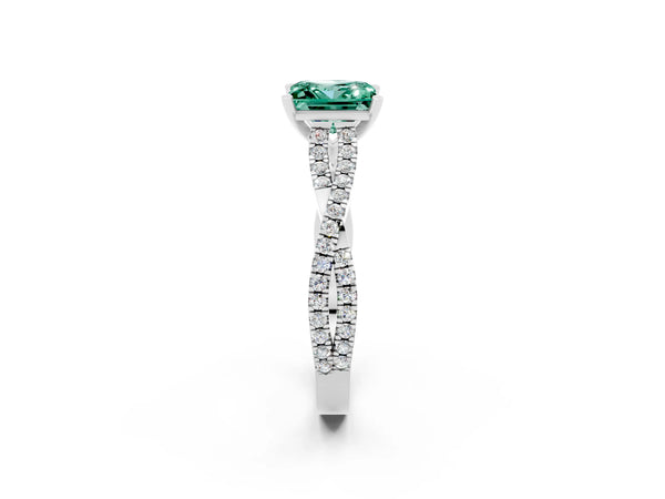 Silver Princess Cut Green Sapphire Solitaire Engagement Ring with Twisted Pavé Band and Four-Prong Setting