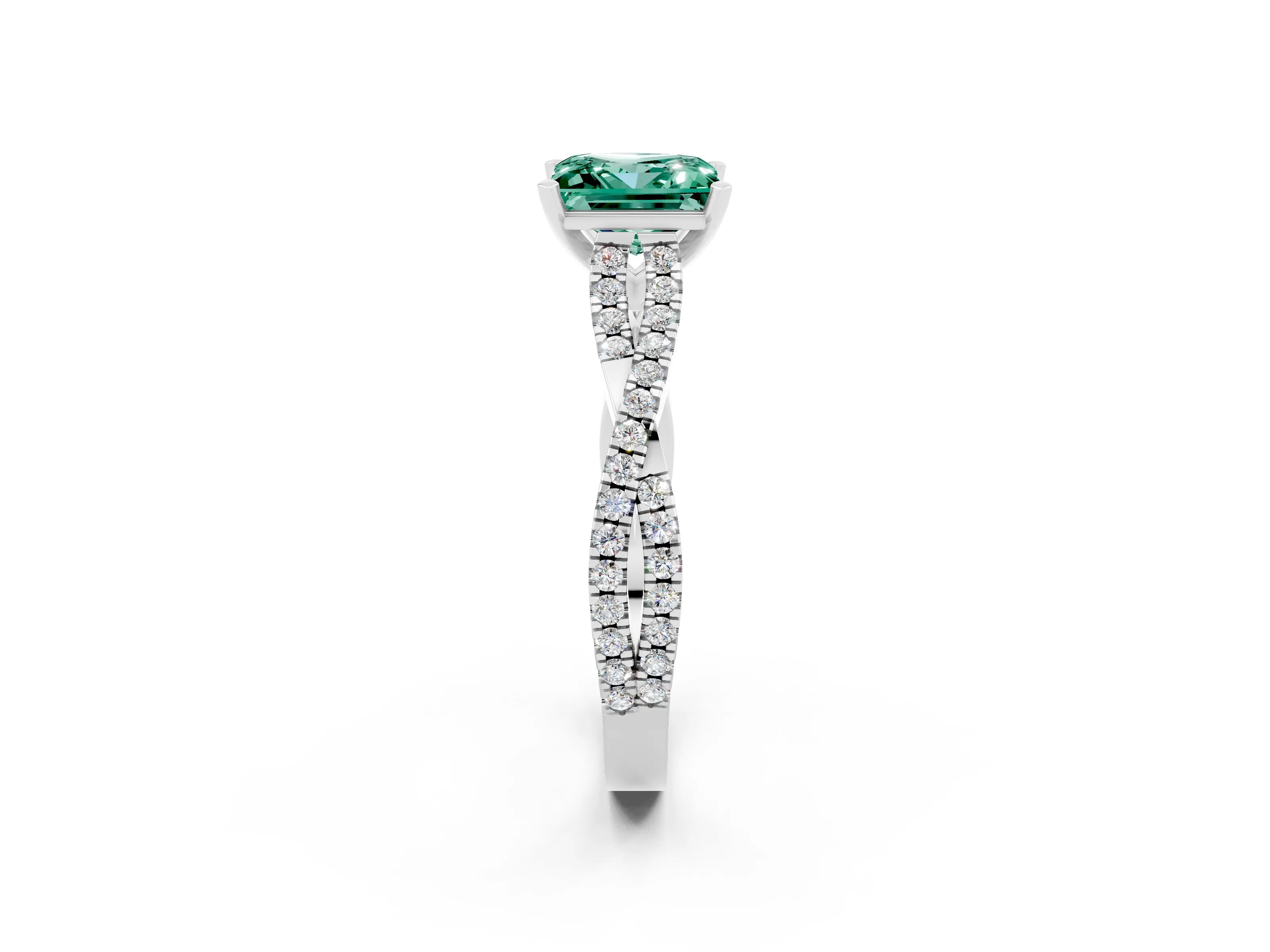 White gold Princess Cut Green Sapphire Solitaire Engagement Ring with Twisted Pavé Band and Four-Prong Setting_14