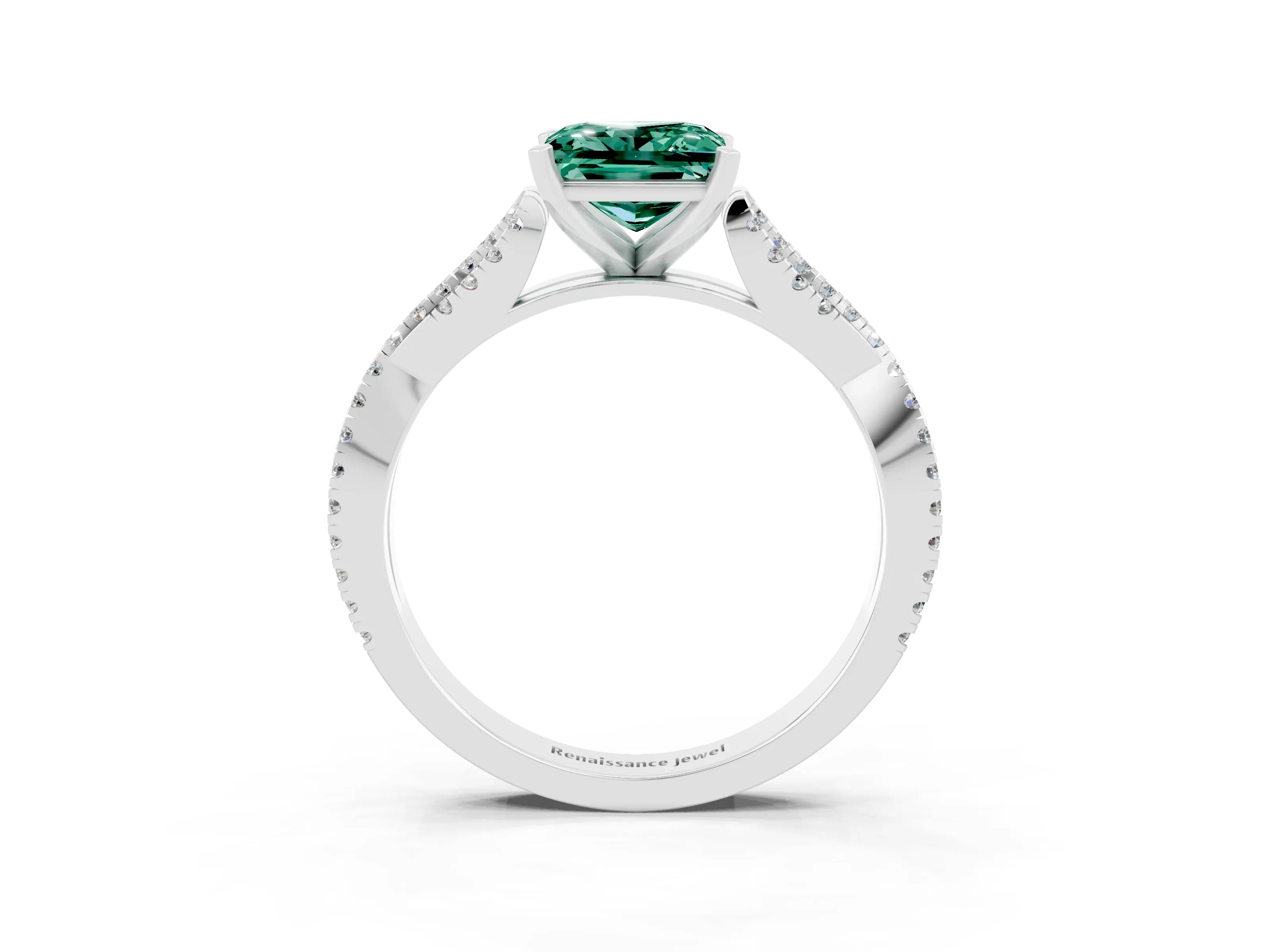 White gold Princess Cut Green Sapphire Solitaire Engagement Ring with Twisted Pavé Band and Four-Prong Setting_15