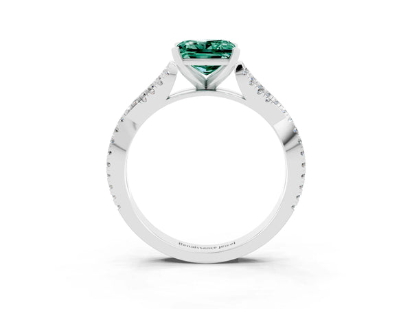 Silver Princess Cut Green Sapphire Solitaire Engagement Ring with Twisted Pavé Band and Four-Prong Setting