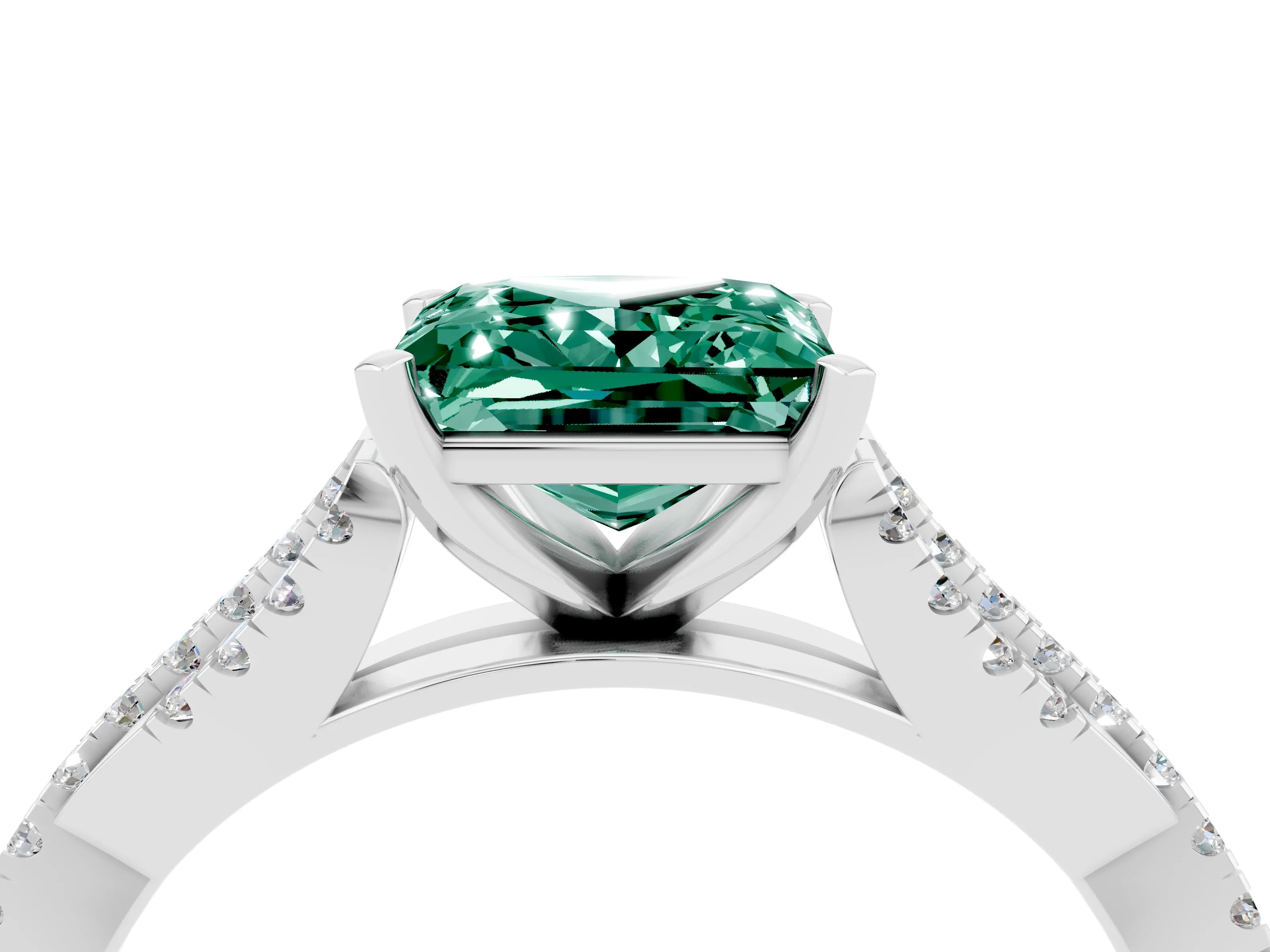 White gold Princess Cut Green Sapphire Solitaire Engagement Ring with Twisted Pavé Band and Four-Prong Setting_16