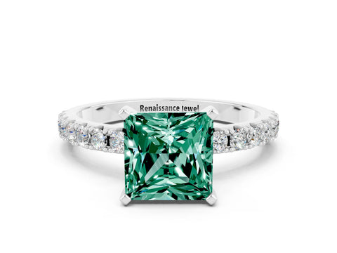 White gold Princess Cut Green Sapphire Solitaire Pavé Band with Four-Prong Setting