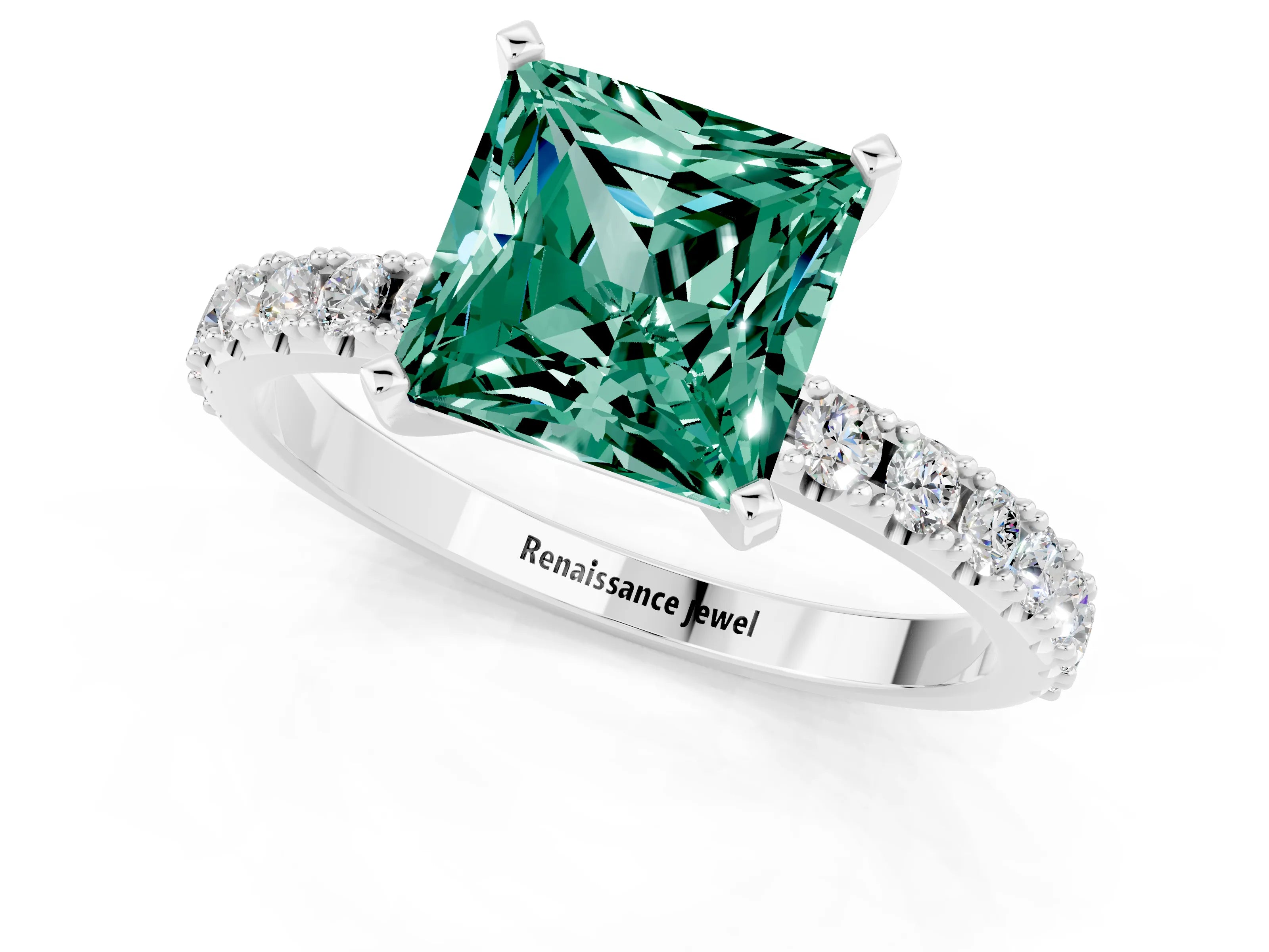 White gold Princess Cut Green Sapphire Solitaire Pavé Band with Four-Prong Setting_1