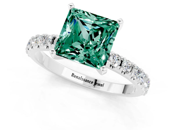 Platinum Princess Cut Green Sapphire Solitaire Pavé Band with Four-Prong Setting