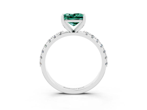 Platinum Princess Cut Green Sapphire Solitaire Pavé Band with Four-Prong Setting