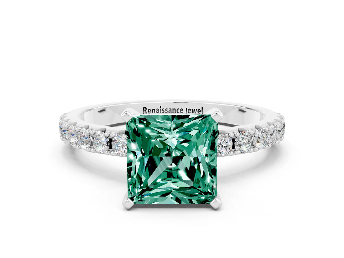 White gold Princess Cut Green Sapphire Solitaire Pavé Band with Four-Prong Setting