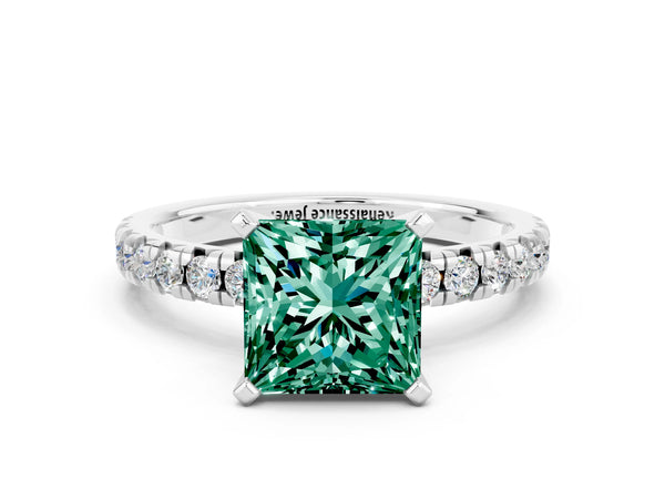 Platinum Princess Cut Green Sapphire Solitaire Pavé Engagement Ring with Round Band and Prong Setting