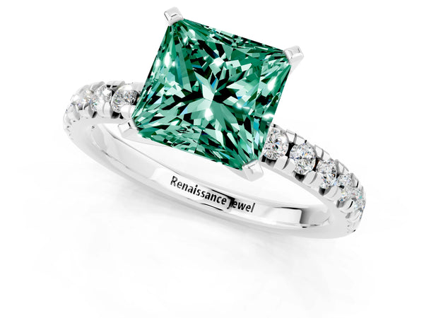 Silver Princess Cut Green Sapphire Solitaire Pavé Engagement Ring with Round Band and Prong Setting