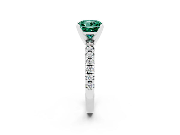 Platinum Princess Cut Green Sapphire Solitaire Pavé Engagement Ring with Round Band and Prong Setting