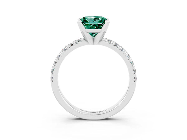Silver Princess Cut Green Sapphire Solitaire Pavé Engagement Ring with Round Band and Prong Setting
