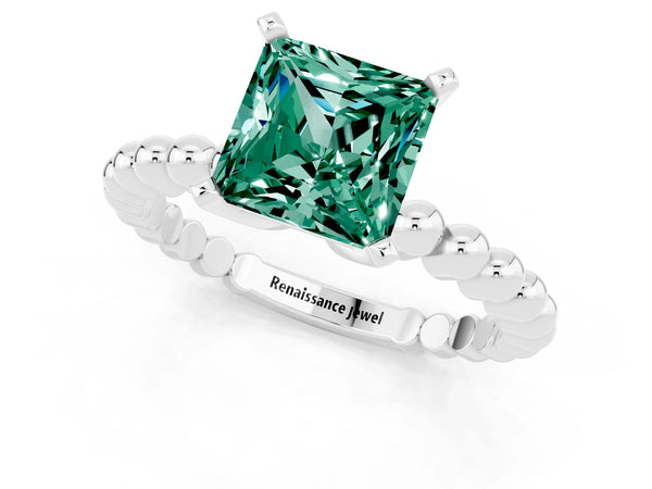 Platinum Princess Cut Green Sapphire Solitaire Ring with Beaded Band and Prong Setting