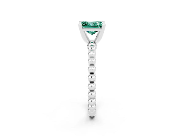 White gold Princess Cut Green Sapphire Solitaire Ring with Beaded Band and Prong Setting