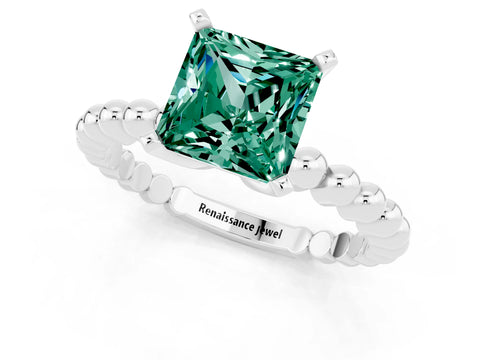 White gold Princess Cut Green Sapphire Solitaire Ring with Beaded Band and Prong Setting_1
