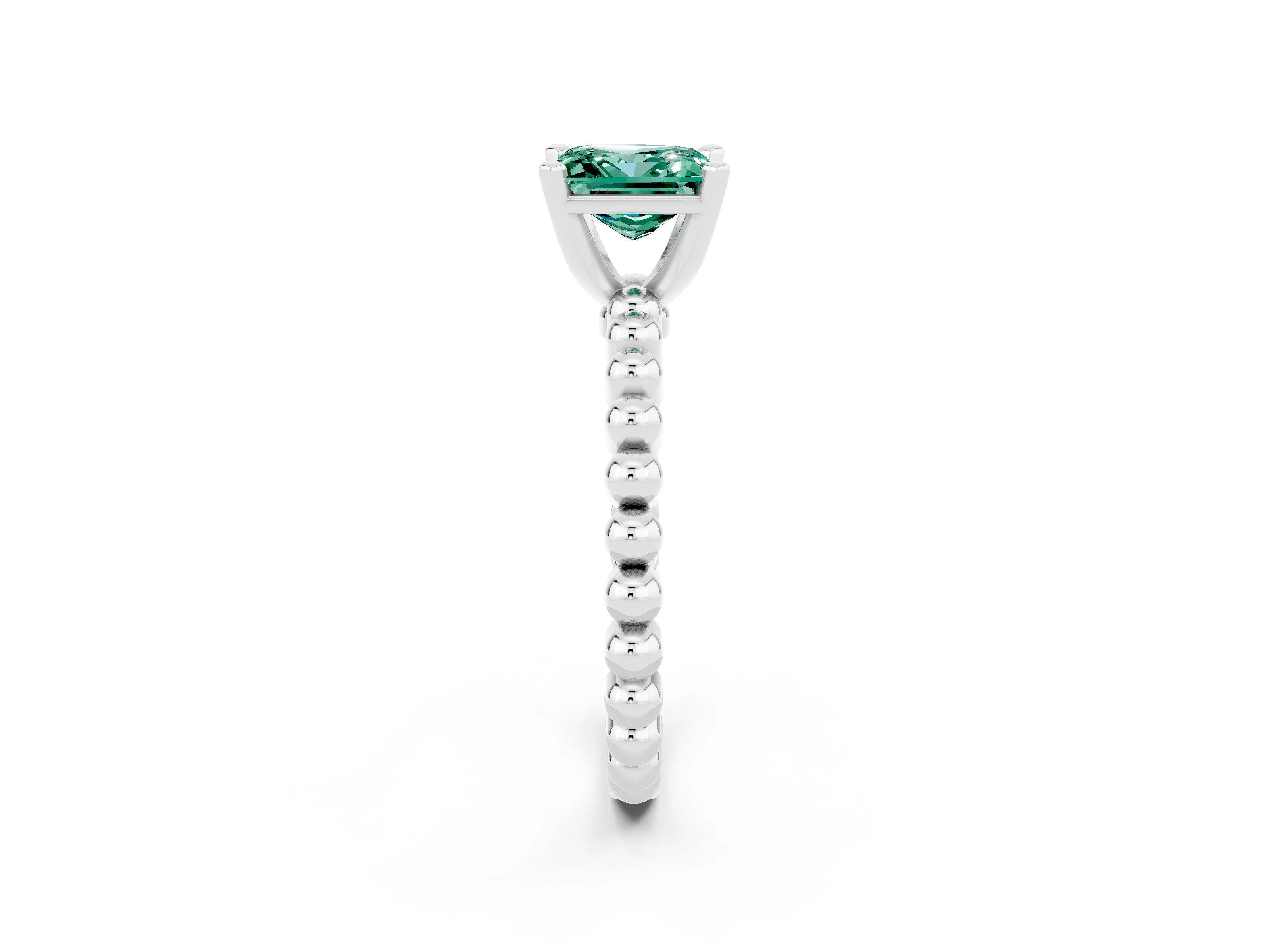 White gold Princess Cut Green Sapphire Solitaire Ring with Beaded Band and Prong Setting_2