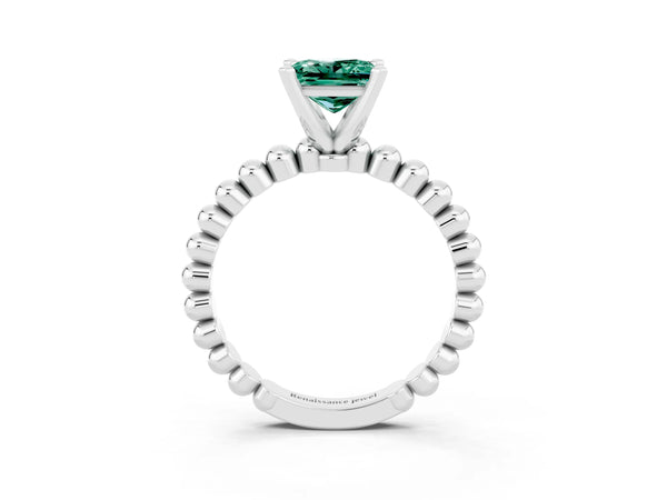 Platinum Princess Cut Green Sapphire Solitaire Ring with Beaded Band and Prong Setting