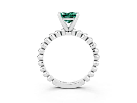 White gold Princess Cut Green Sapphire Solitaire Ring with Beaded Band and Prong Setting_3