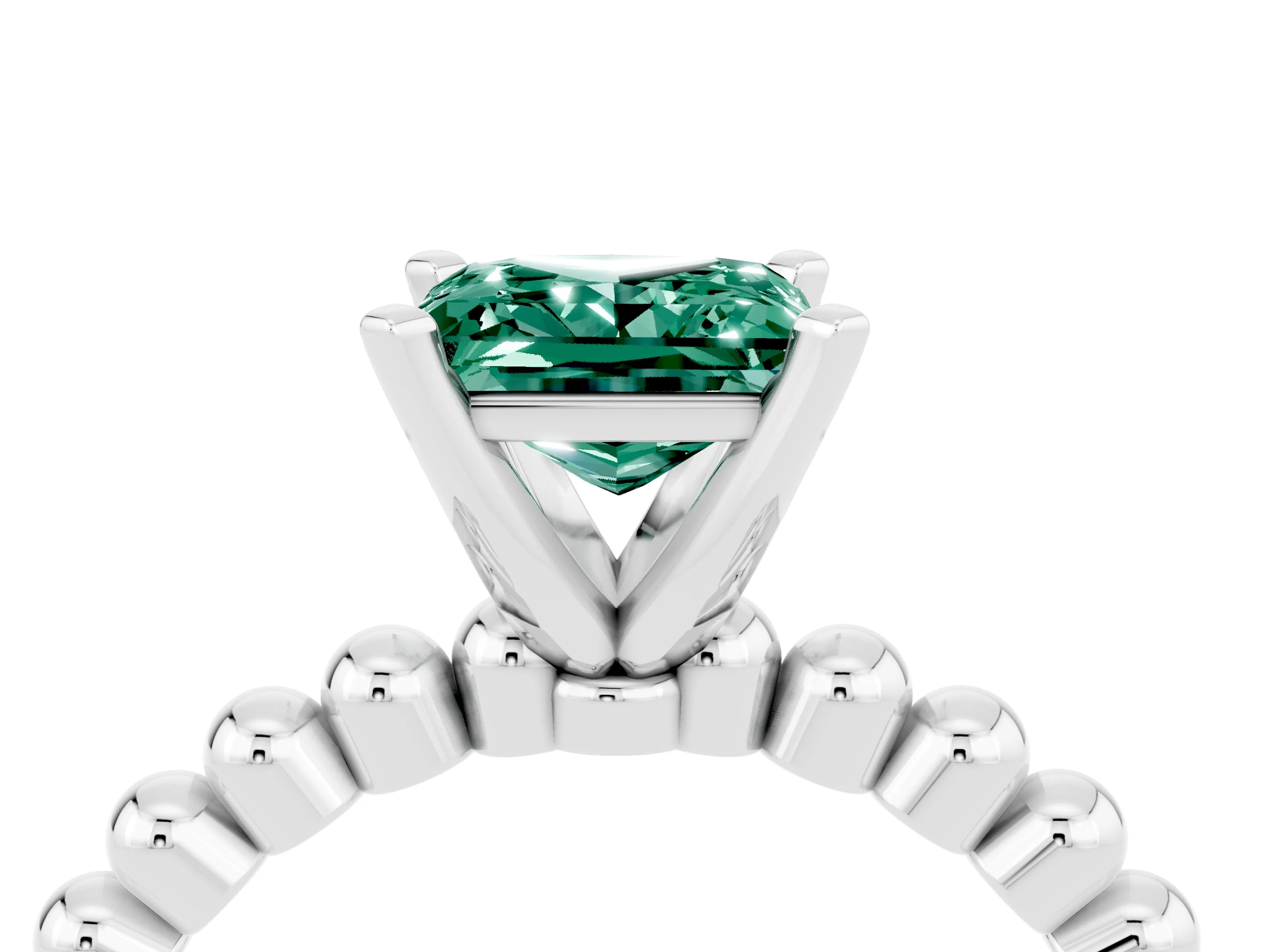 White gold Princess Cut Green Sapphire Solitaire Ring with Beaded Band and Prong Setting_4