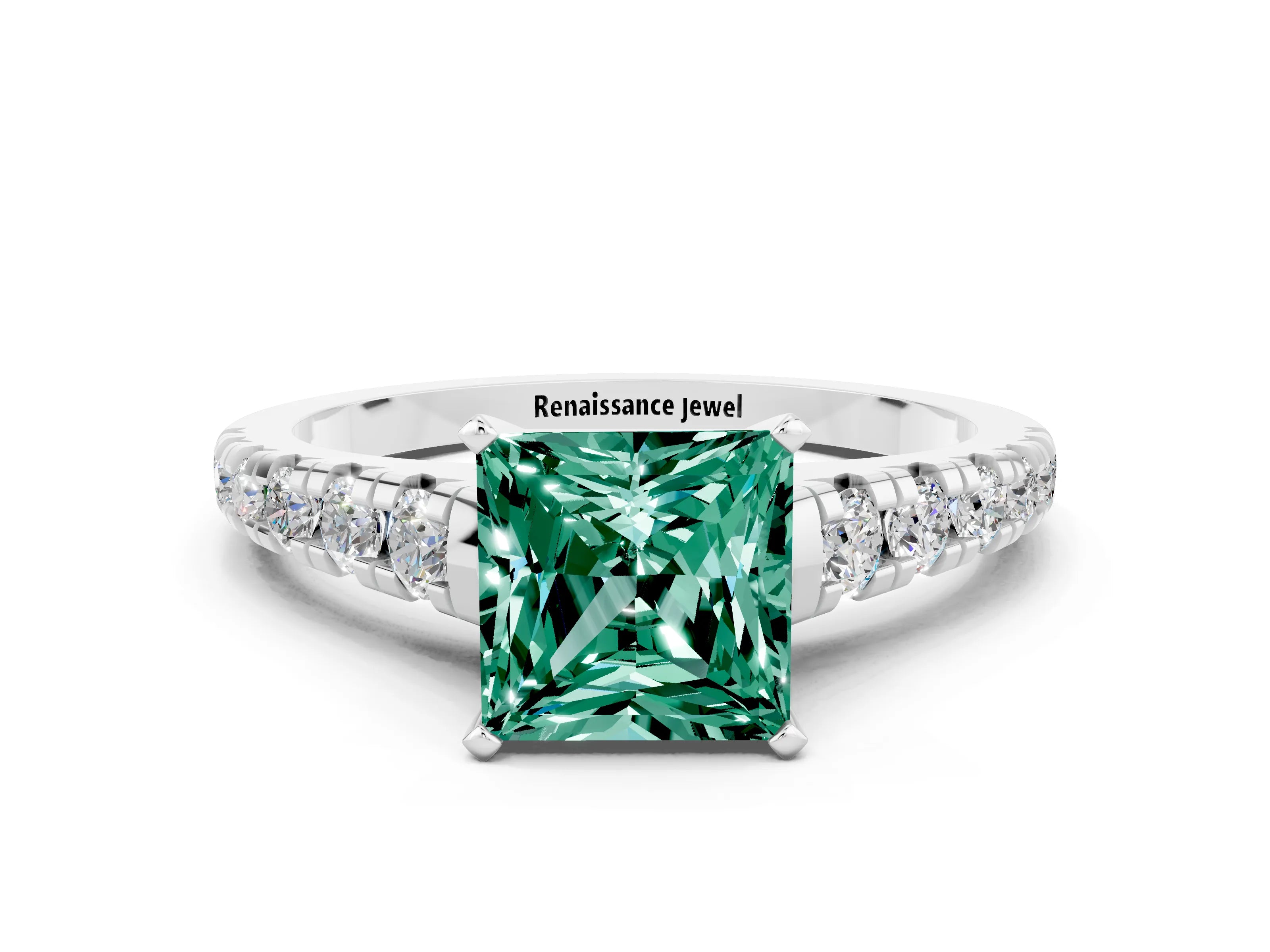 White gold Princess Cut Green Sapphire Solitaire Ring with Cathedral Setting and Pavé Band