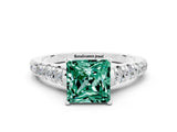 White gold Princess Cut Green Sapphire Solitaire Ring with Cathedral Setting and Pavé Band