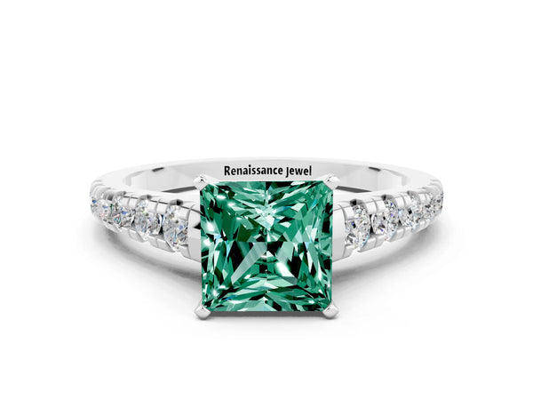 Silver Princess Cut Green Sapphire Cathedral Solitaire Ring with Round  Pavé Band