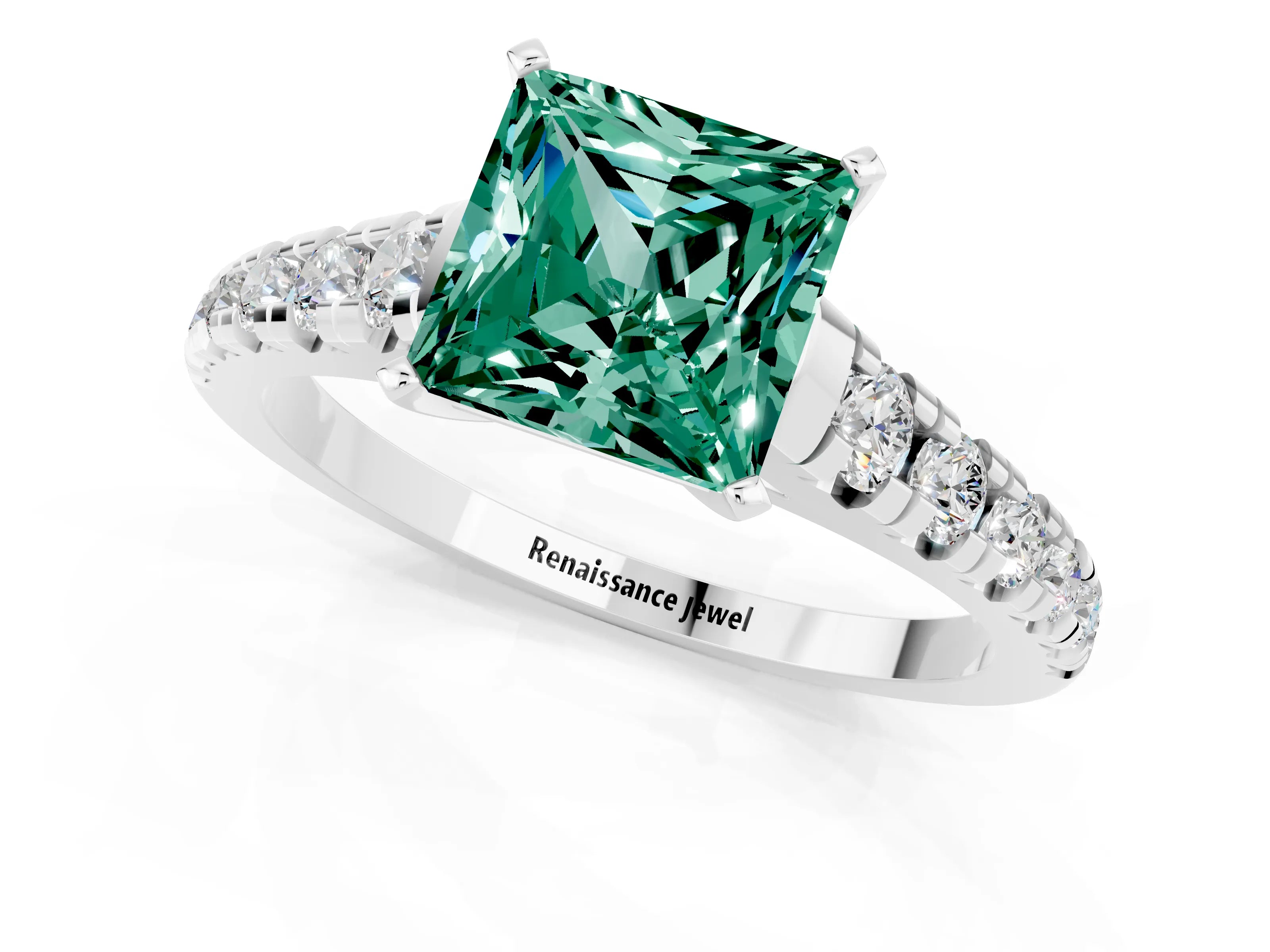White gold Princess Cut Green Sapphire Solitaire Ring with Cathedral Setting and Pavé Band_1