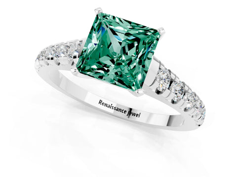 White gold Princess Cut Green Sapphire Solitaire Ring with Cathedral Setting and Pavé Band_1