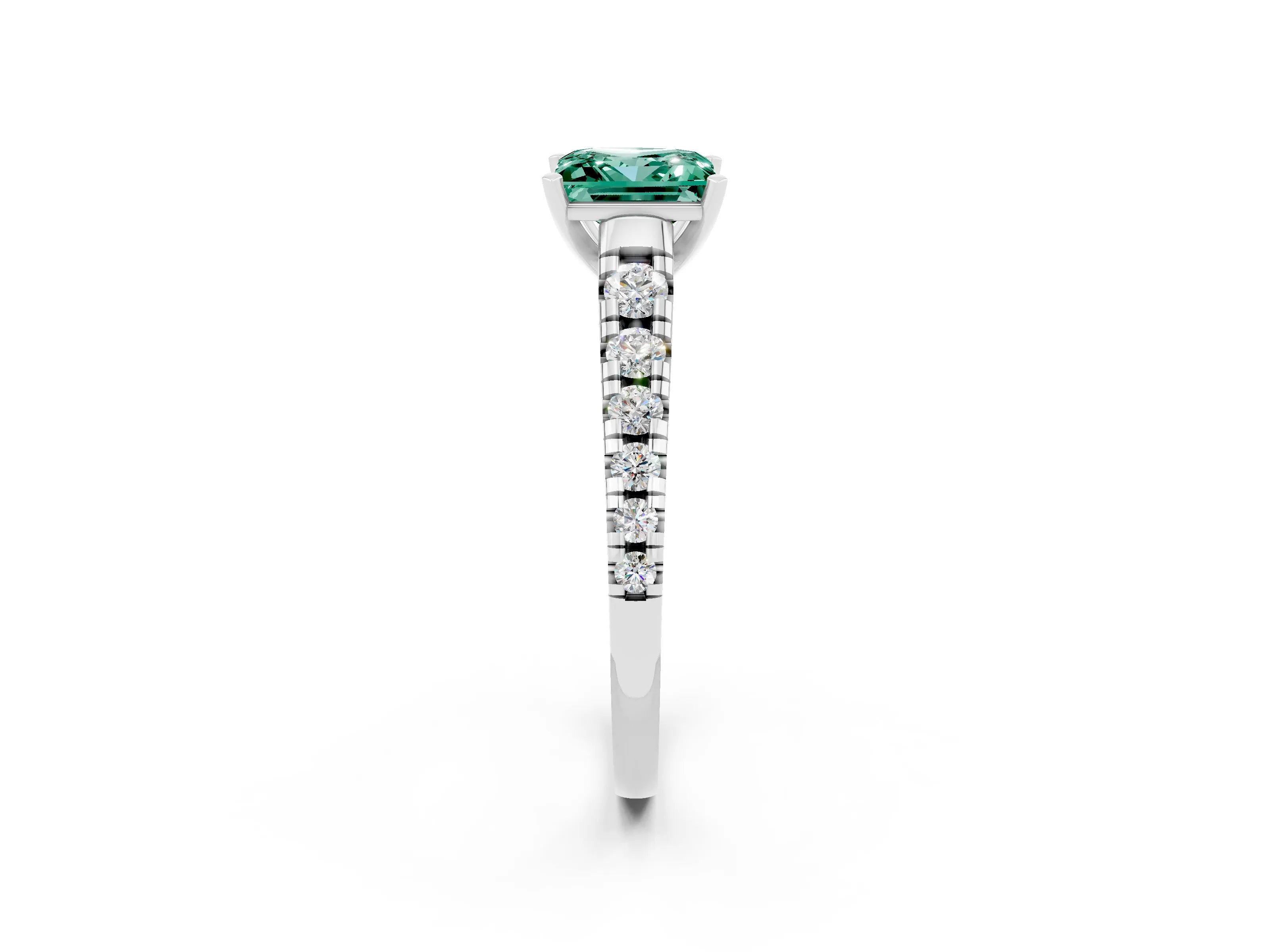White gold Princess Cut Green Sapphire Solitaire Ring with Cathedral Setting and Pavé Band_2