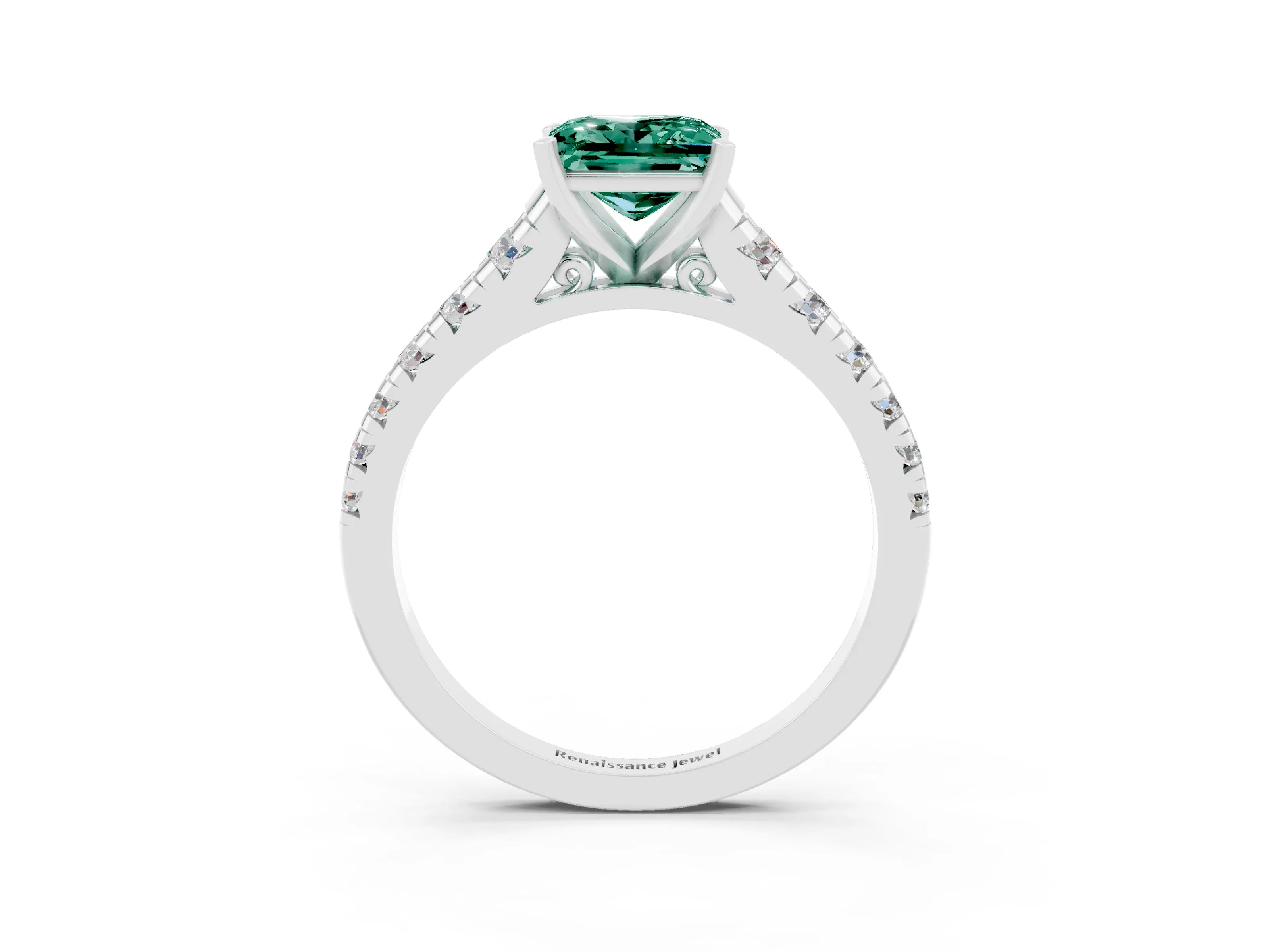 White gold Princess Cut Green Sapphire Solitaire Ring with Cathedral Setting and Pavé Band_3