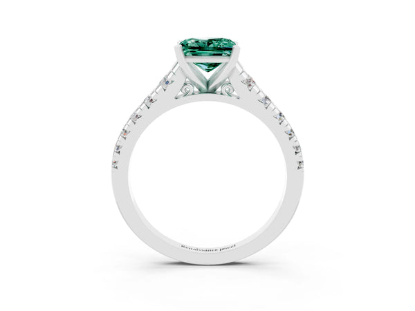 Silver Princess Cut Green Sapphire Cathedral Solitaire Ring with Round  Pavé Band