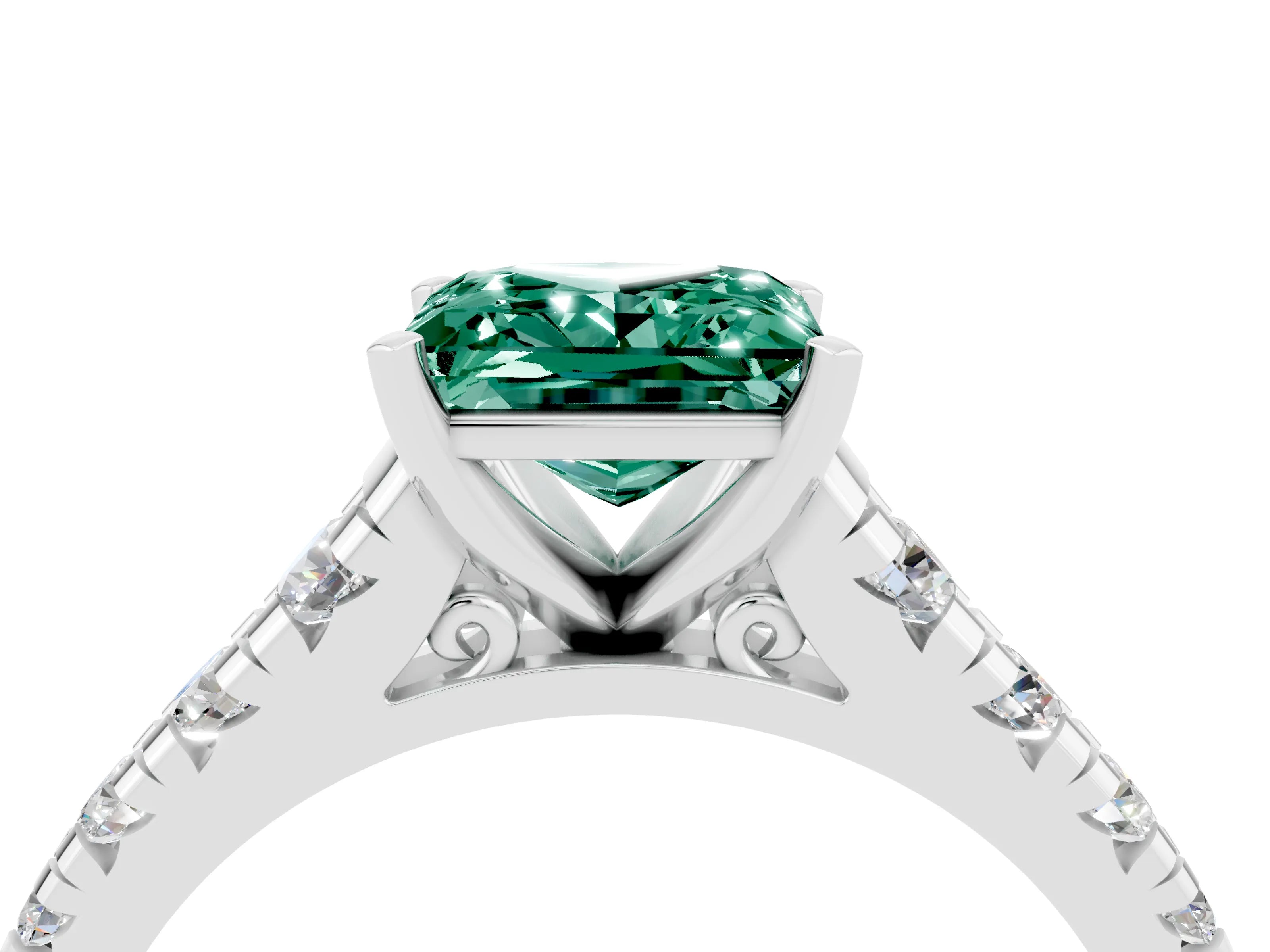 White gold Princess Cut Green Sapphire Solitaire Ring with Cathedral Setting and Pavé Band_4