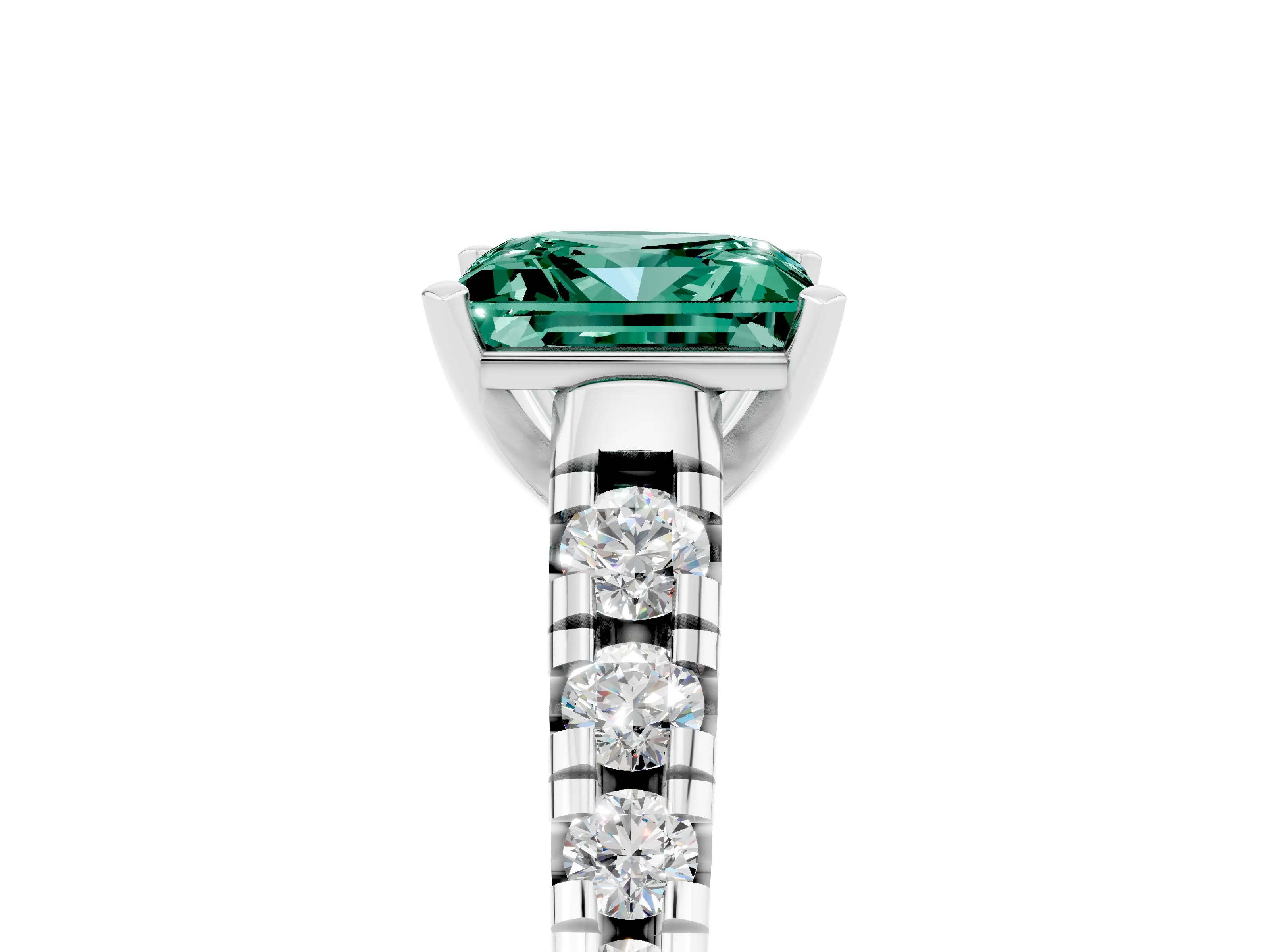 White gold Princess Cut Green Sapphire Solitaire Ring with Cathedral Setting and Pavé Band_5