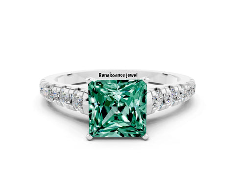 White gold Princess Cut Green Sapphire Solitaire Ring with Cathedral Setting and Pavé Band