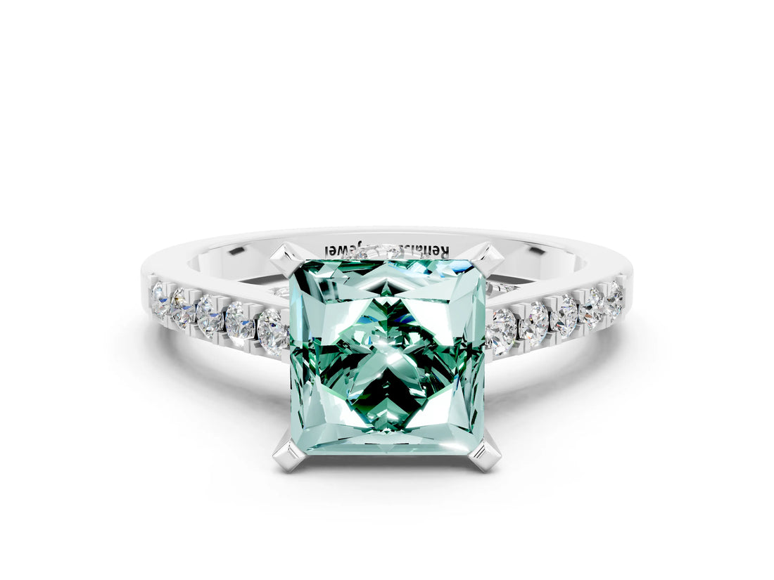 White gold Princess Cut Green Sapphire Solitaire Ring with Crossover Gallery and Round  Pavé Band_12