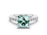 White gold Princess Cut Green Sapphire Solitaire Ring with Crossover Gallery and Round  Pavé Band_12