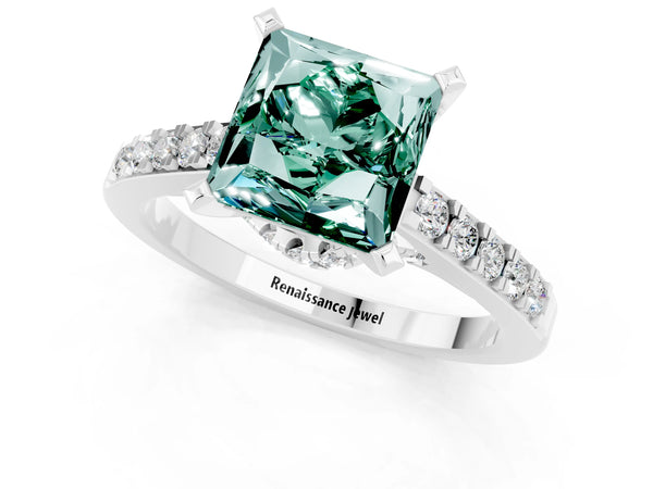 White gold Princess Cut Green Sapphire Solitaire Ring with Crossover Gallery and Round  Pavé Band