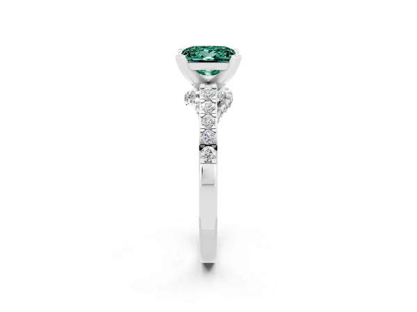 White gold Princess Cut Green Sapphire Solitaire Ring with Crossover Gallery and Round  Pavé Band