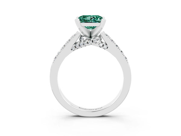 White gold Princess Cut Green Sapphire Solitaire Ring with Crossover Gallery and Round  Pavé Band
