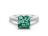 White gold Princess Cut Green Sapphire Solitaire Ring with Crossover Gallery and Round  Pavé Band_37
