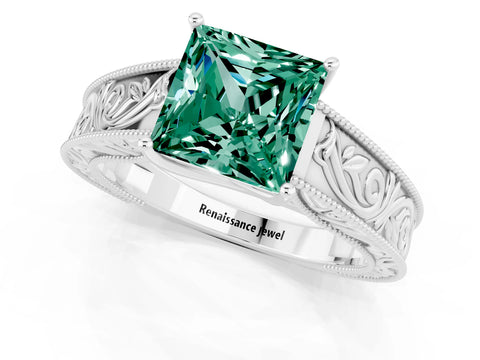 White gold Princess Cut Green Sapphire Solitaire Ring with Engraved Band and Four-Prong Setting_1