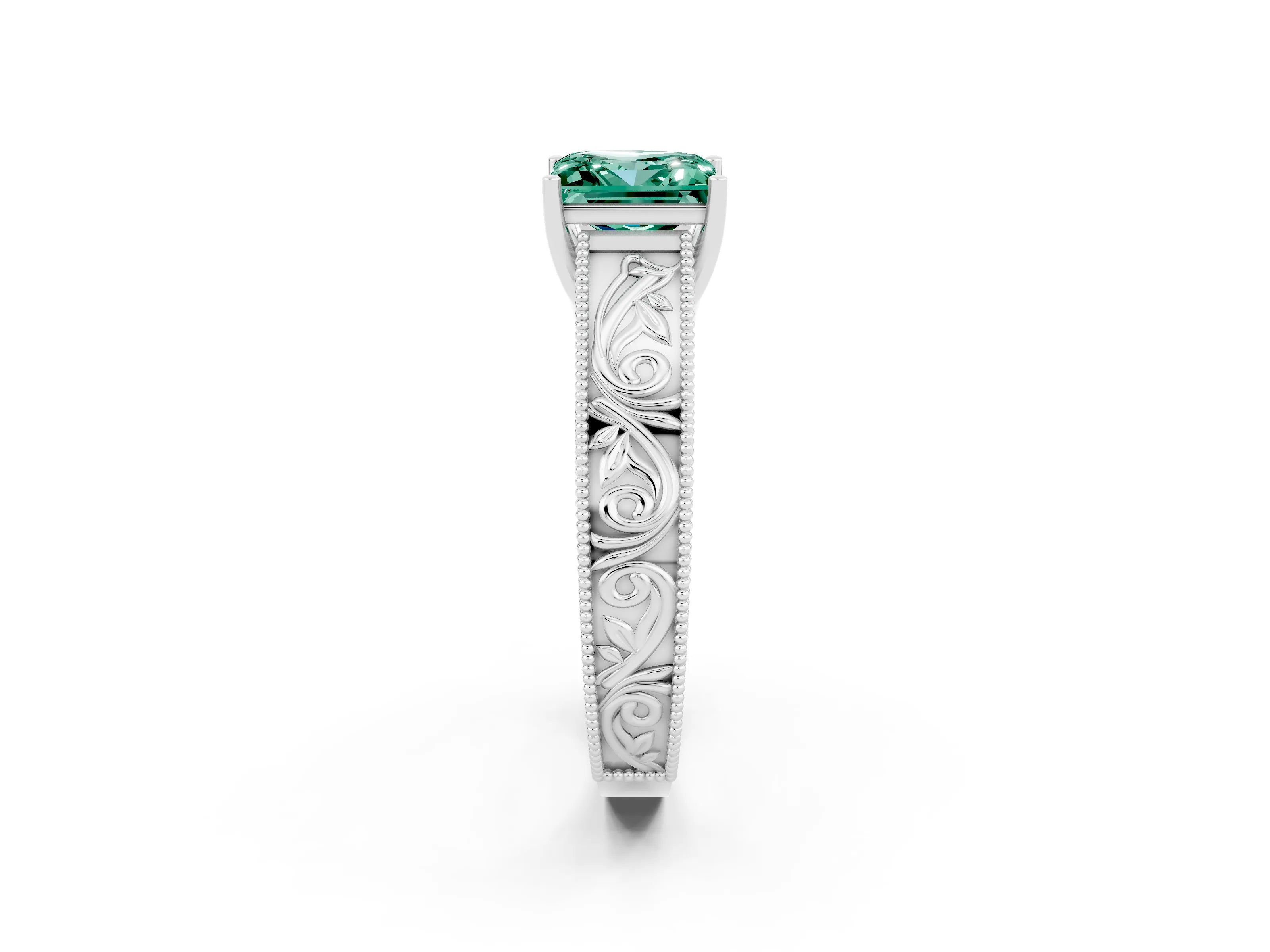 White gold Princess Cut Green Sapphire Solitaire Ring with Engraved Band and Four-Prong Setting_2