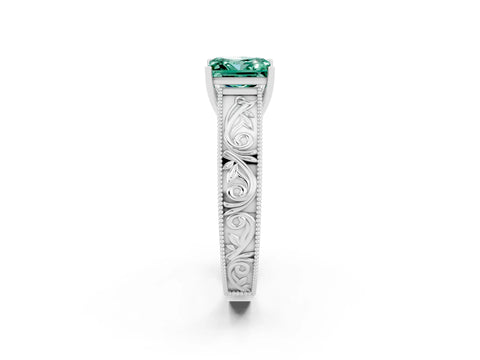 White gold Princess Cut Green Sapphire Solitaire Ring with Engraved Band and Four-Prong Setting_2