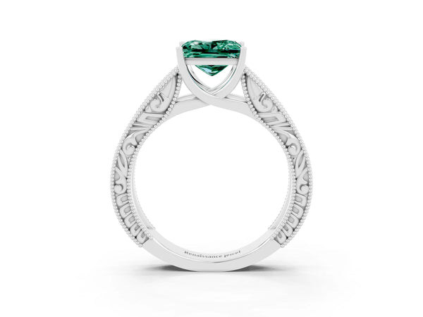 White gold Princess Cut Green Sapphire Solitaire Ring with Engraved Band and Four-Prong Setting
