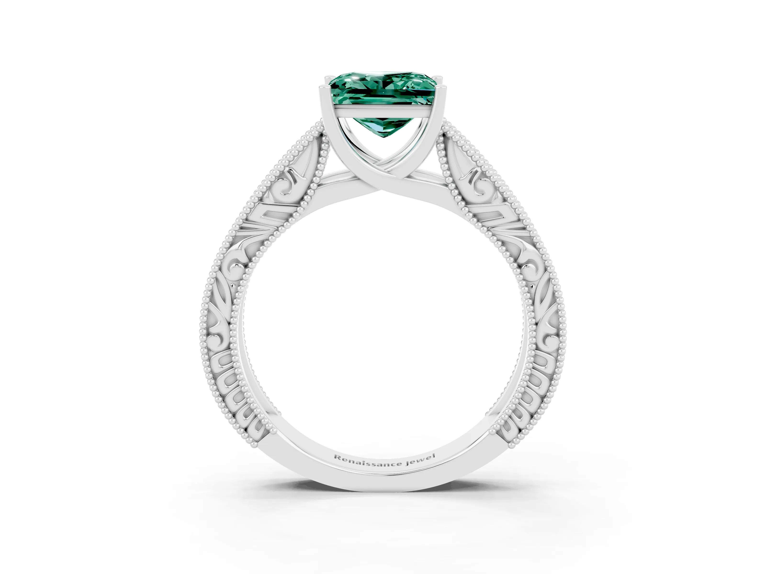 White gold Princess Cut Green Sapphire Solitaire Ring with Engraved Band and Four-Prong Setting_3