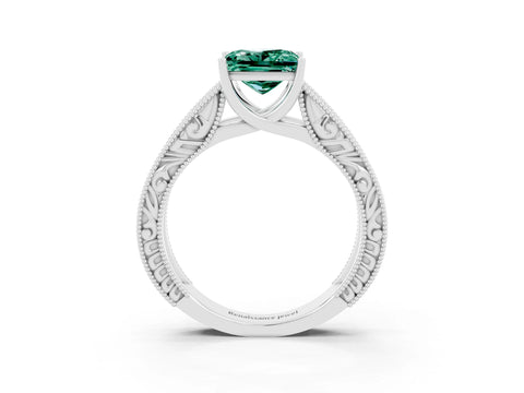 White gold Princess Cut Green Sapphire Solitaire Ring with Engraved Band and Four-Prong Setting_3