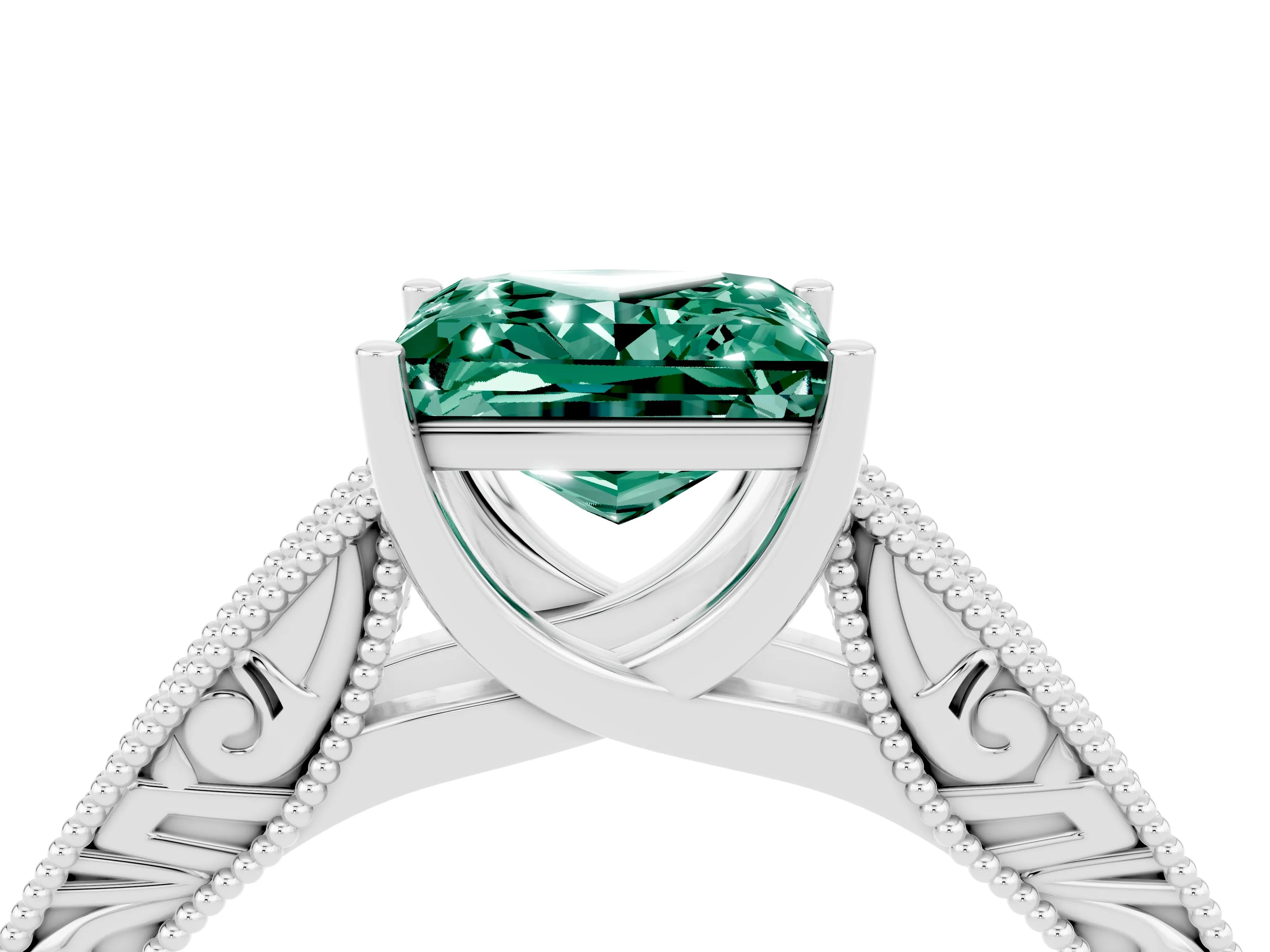 White gold Princess Cut Green Sapphire Solitaire Ring with Engraved Band and Four-Prong Setting_4