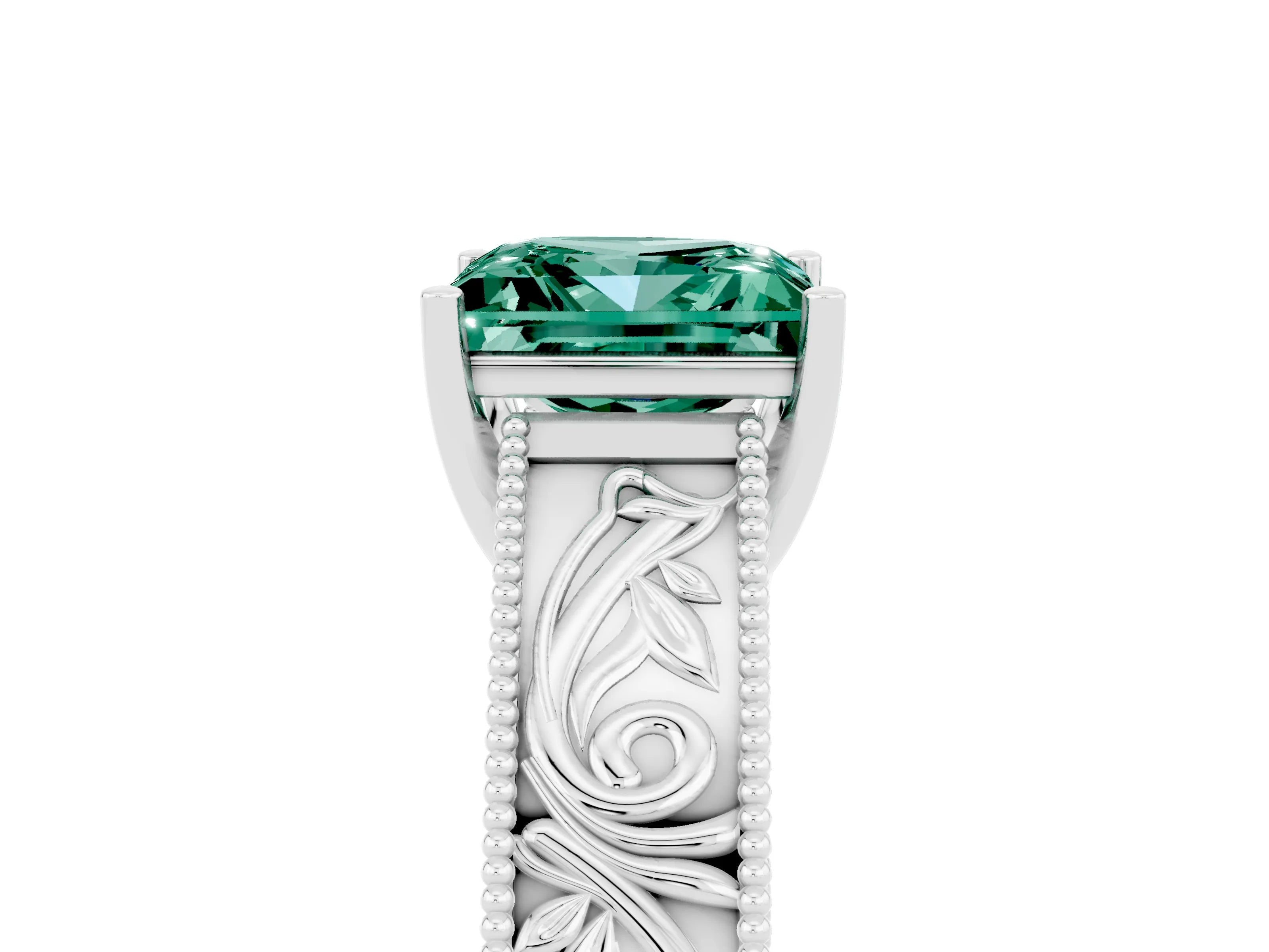 White gold Princess Cut Green Sapphire Solitaire Ring with Engraved Band and Four-Prong Setting_5