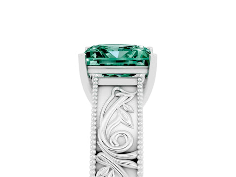 White gold Princess Cut Green Sapphire Solitaire Ring with Engraved Band and Four-Prong Setting_5